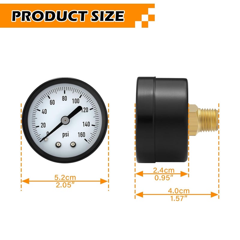 Solimeta Air Pressure Gauge for Air Compressor Air Filter, 2" Dial Center Back Mount, 1/4" NPT,0-160 Psi, 2PCS，Pressure of air and Liquid - Image 4
